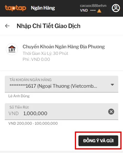 Rút tiền 188BET bước 2